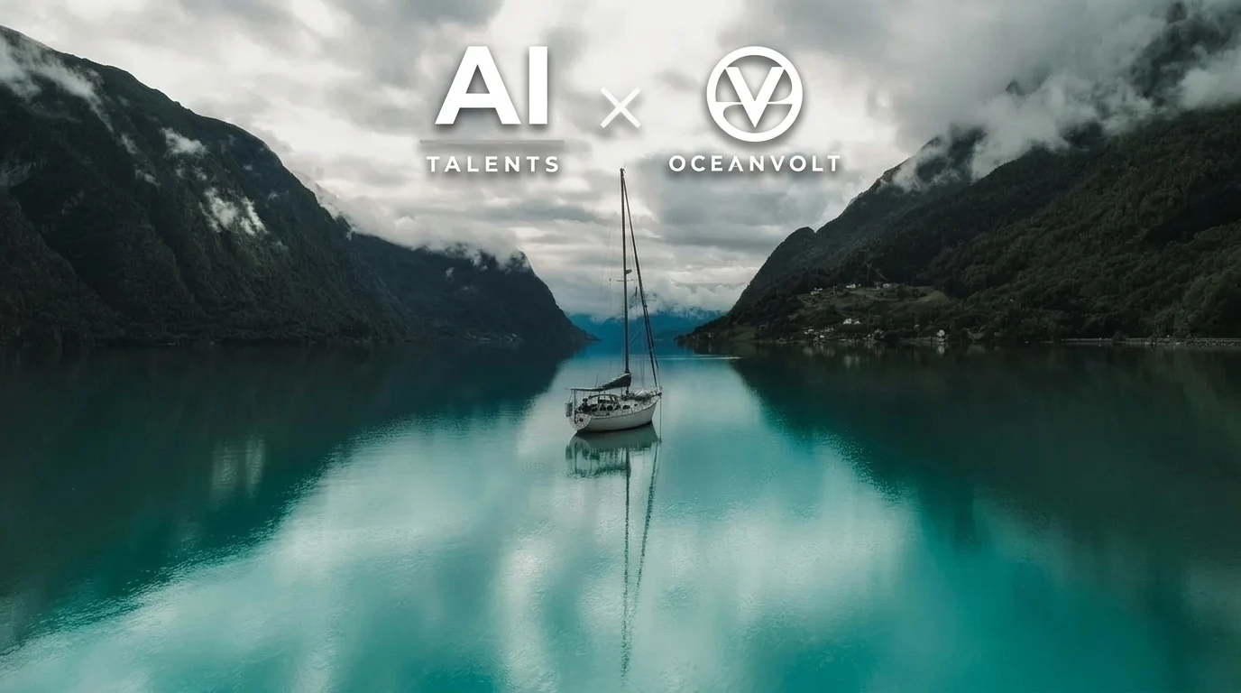 AI Talentsin ja Oceanvoltin logot purjeveneen yllä vuonomaisemassa